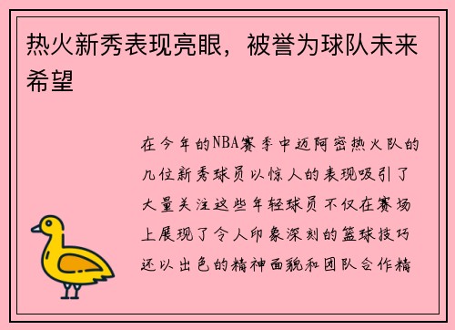 热火新秀表现亮眼，被誉为球队未来希望